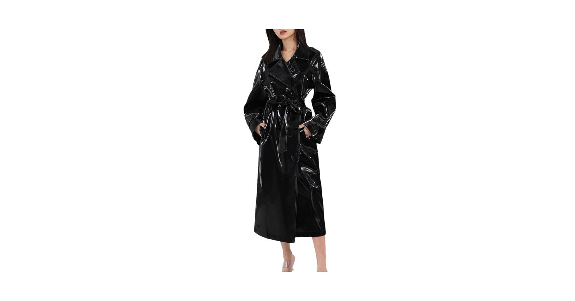 Vintage glossy long trench coat（ライナー付） Fulbant Women Vintage Long Shiny Reflective Patent Leather